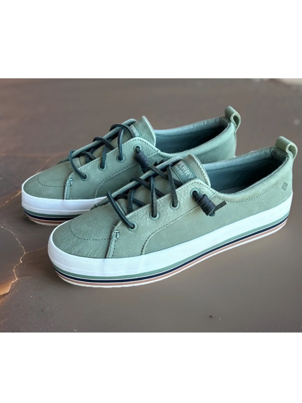 SPERRY Women’s Crest Vibe Green STRIPED Platform Leather Sneakers 8.5 NEW IN BOX